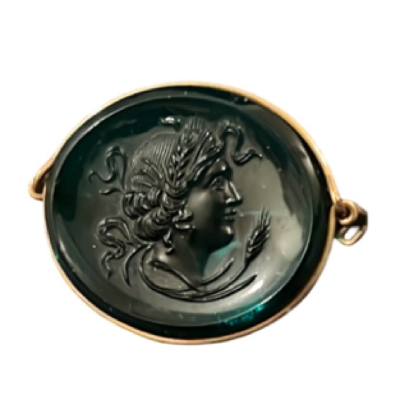 Antique Victorian Green Indigo Glass Oval Lady Cameo Gold Filled Brooch - Picture 4 of 6